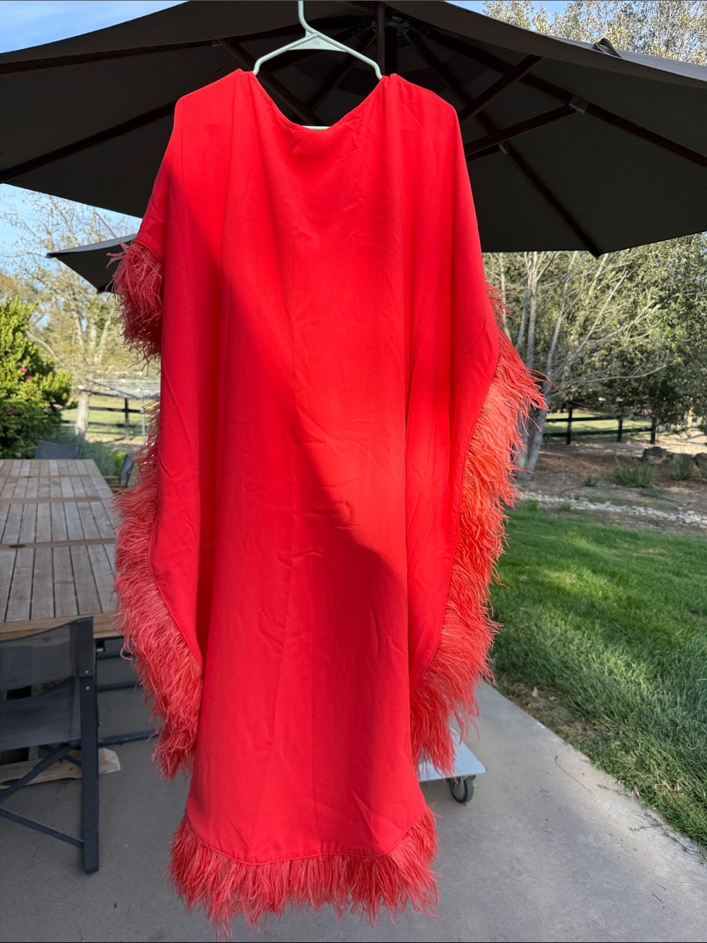 Trina Turk Coral Ostrich Feather-Trim Caftan Dress